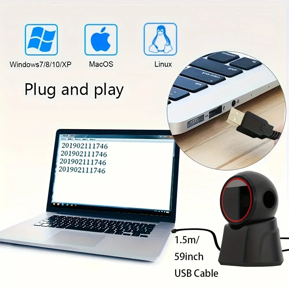 2D barcode scanner desktop unit, black body with red LED ring and USB cable