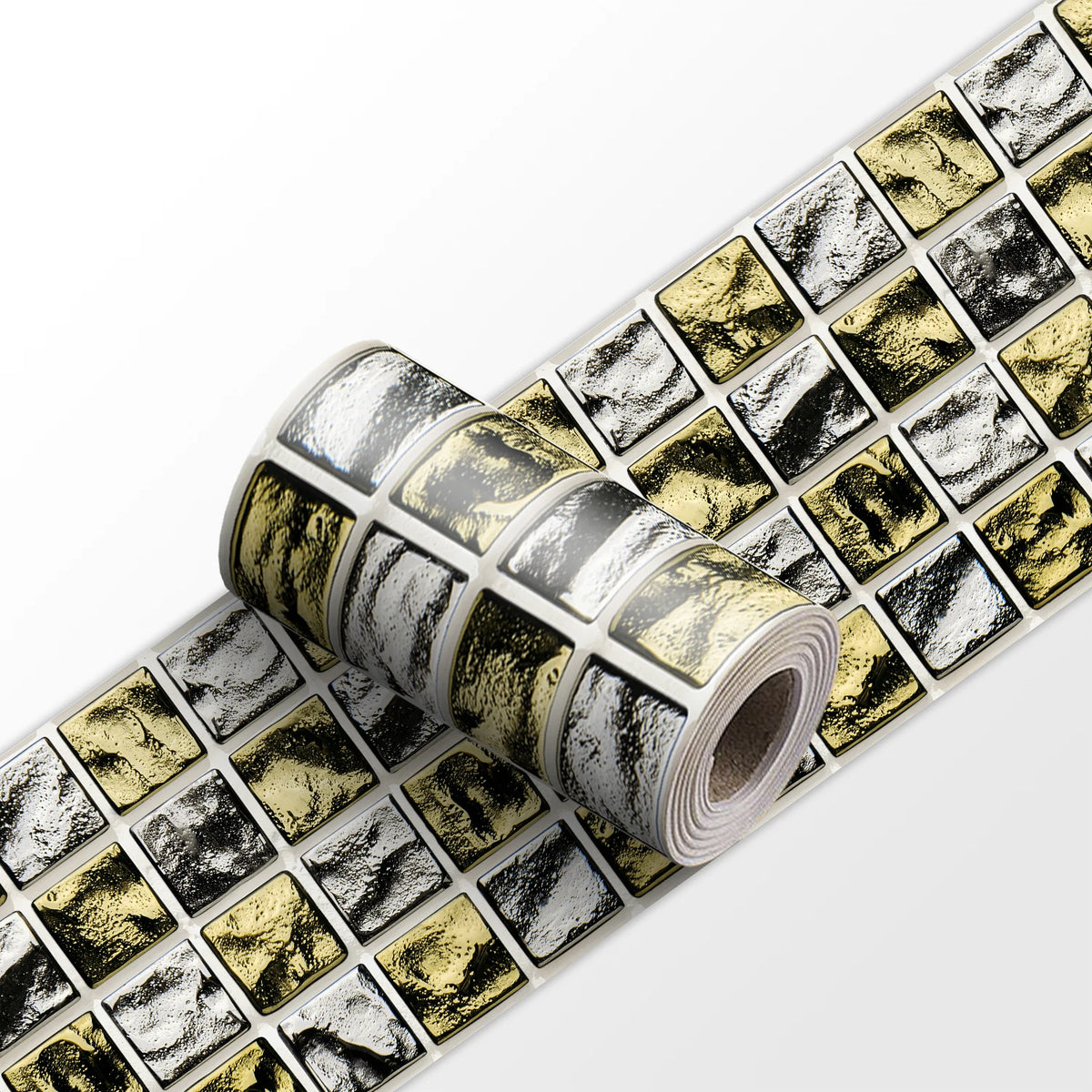 Mosaic tile wall sticker strip roll with gold and silver square tiles pattern