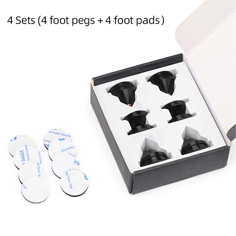 4 sets in box: black speaker foot pegs and round anti-slip pads