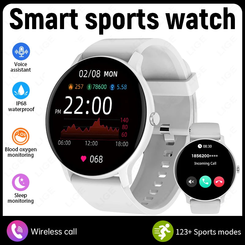 White smart sports watch with circular screen and light silicone strap