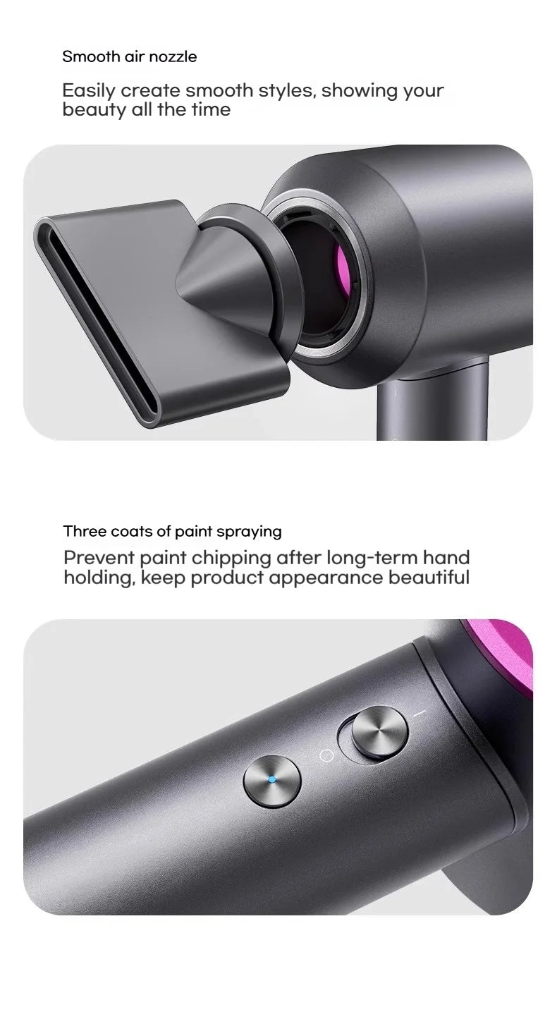 Dark gray high-speed hair dryer with smooth magnetic styling nozzle and durable paint finish, featuring control buttons.