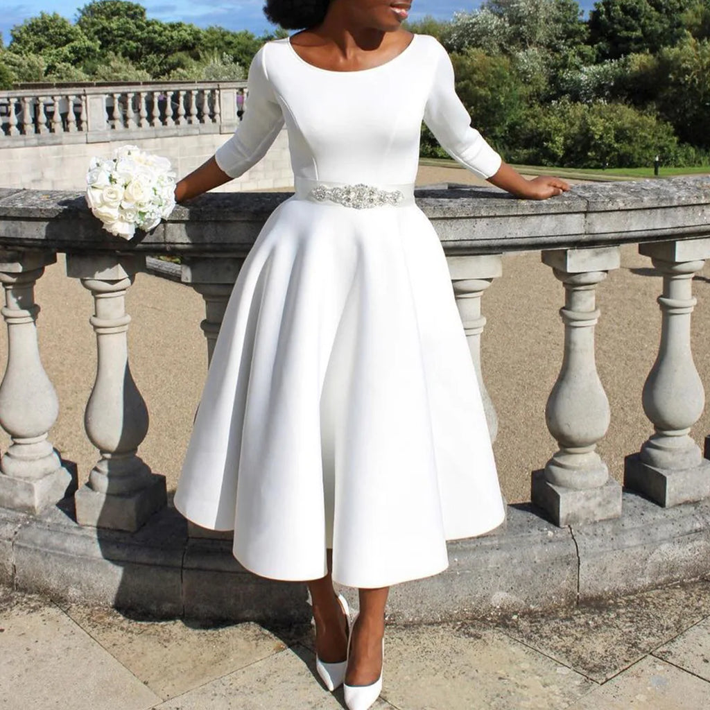 Elegant Pure Color Maxi Dress Evening Gown A- Line Skirt Polyester Fabric round Neck Short Sleeve High Waist Midi Dress
