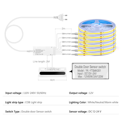 COB LED strip light kit with double-door sensor switch, 12V controller and wiring