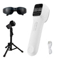 White handheld infrared light therapy device with black digital screen, protective glasses, tripod stand, and USB cable.