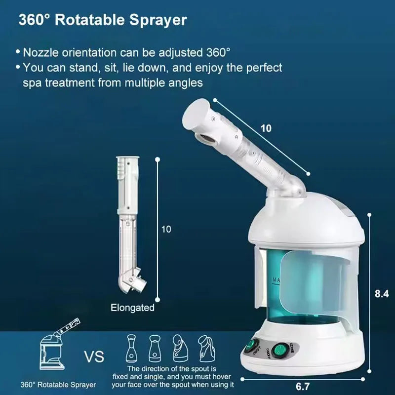 White nano facial steamer with 360-degree rotatable spray nozzle for deep pore cleansing and professional home spa use.