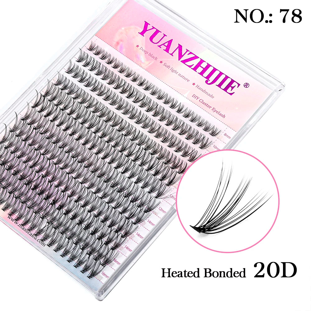 Tray of 144 black 20D heated bonded DIY cluster eyelash extensions, featuring a segmented design for a natural look.