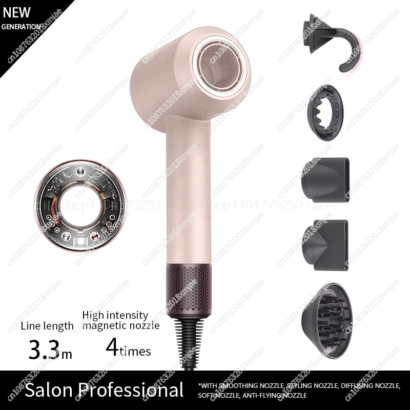 Rose gold leafless negative ion hair dryer with 5 magnetic styling attachments for professional salon-quality drying.