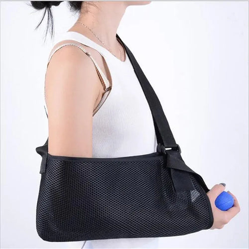 Black mesh arm sling support for orthopedic shoulder pain relief and injury immobilization.