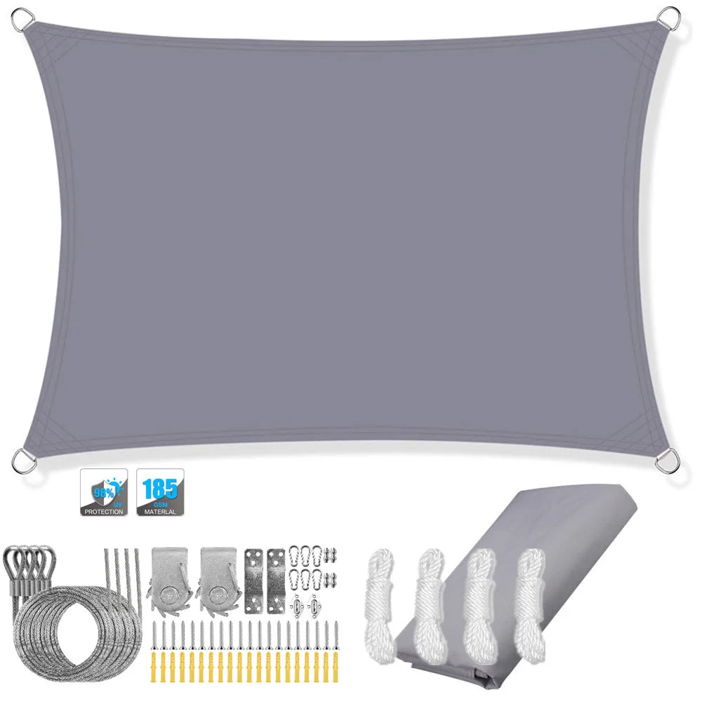 Rectangular waterproof shade sail canopy with corner grommets, light gray; folded section shown.