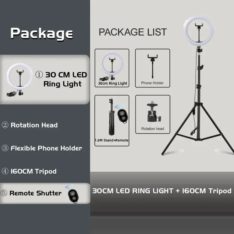 LED Ring Light with Tripod Stand - 10in and 12in Adjustable Studio Lighting 12in Ring BK160cm Tidesmit