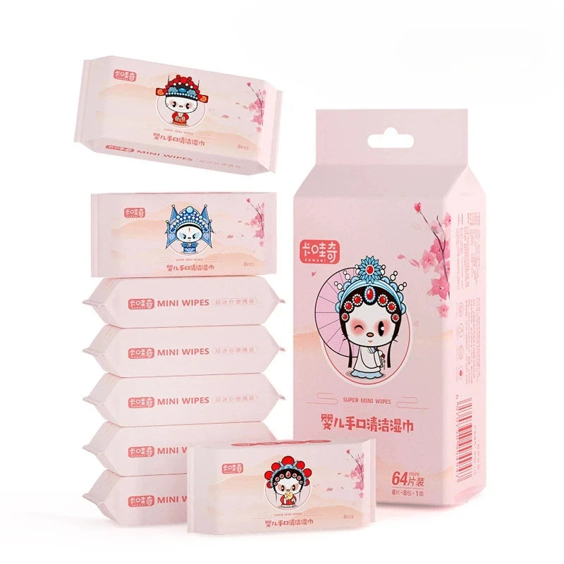 64pcs Disposable Super Mini Wet Wipes Portable Small Package Extraction Hand And Mouth Cleaning Wipes Home School Supplies