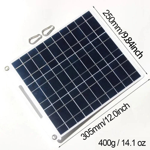 Portable solar panel with grid design, two carabiners, and dimension labels (250mm x 305mm) on a white background.
