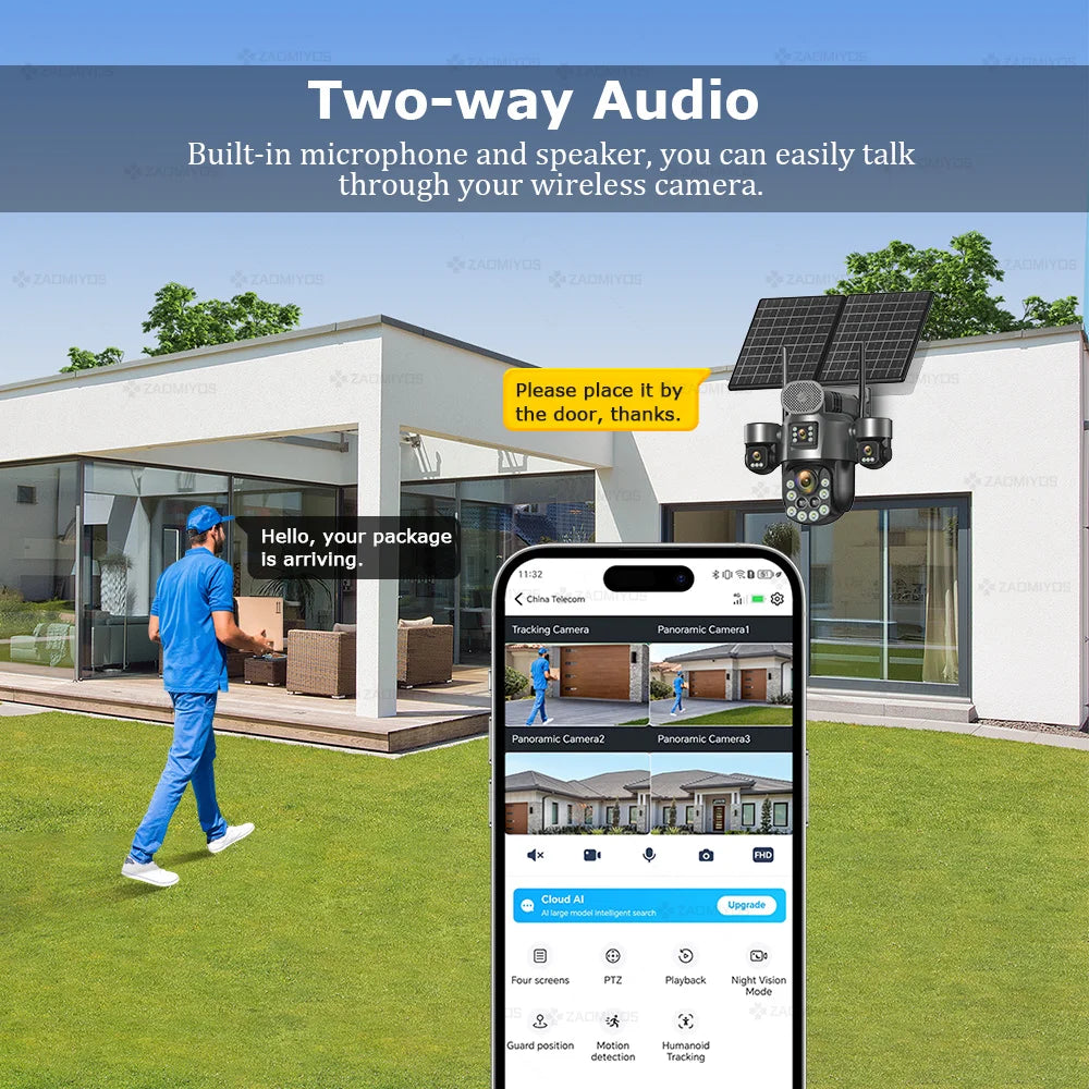 60X Optical Zoom Home Surveillance Solar Cameras 4G Security Protection Auto Track  24/7 Record 4 Screen/4 Lens CCTV PTZ Camera