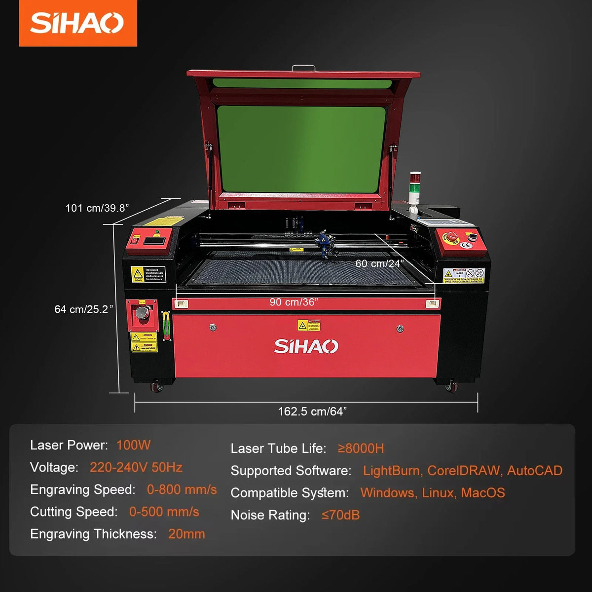 Red and black desktop laser engraver with open lid and green viewing window