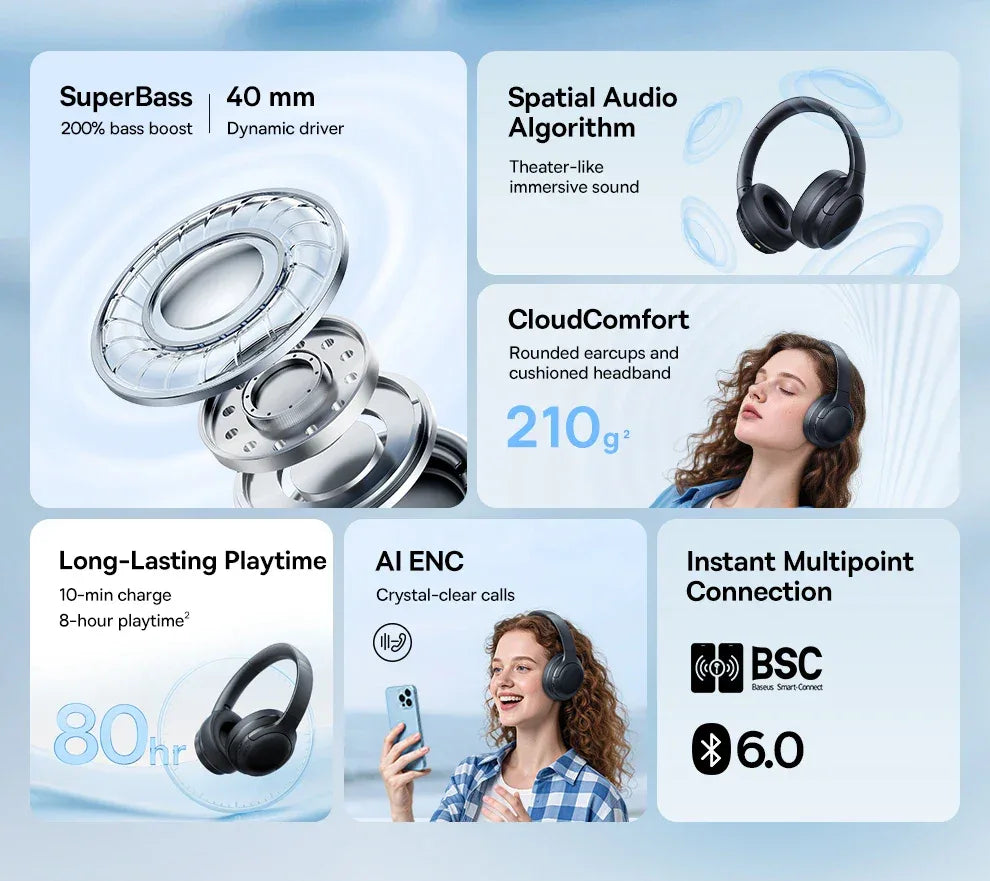 Baseus Wireless Headphones Bluetooth 5.3 HIFI Level Earphone 40mm Driver Foldable Over Ear Headsets 70H Playtime Spatial Audio Tidesmit