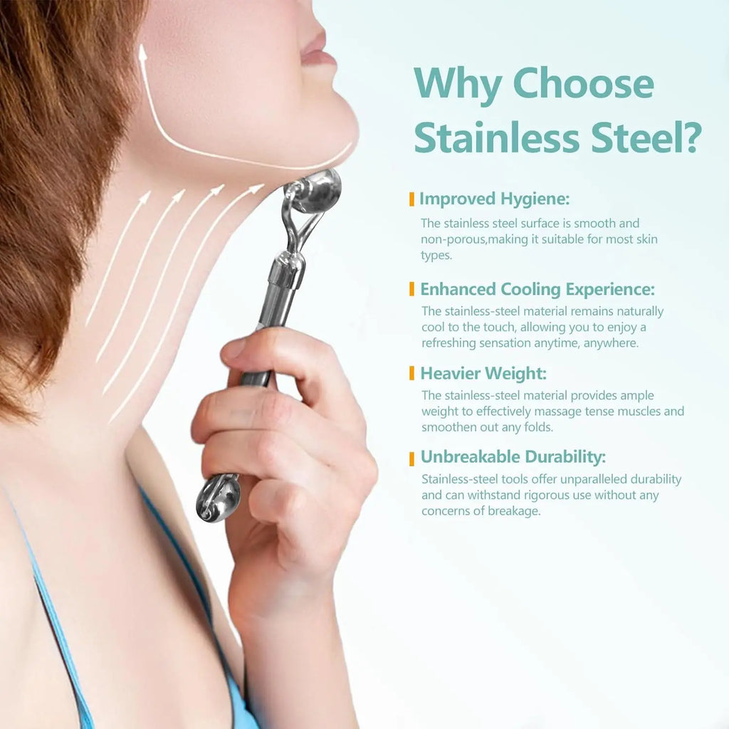 A person using a polished stainless steel double-ball facial massage roller on their neck and jawline.
