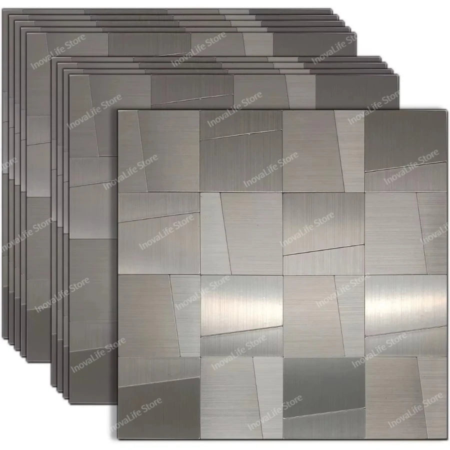 Waterproof 3D wall panel tiles, silver-gray mosaic square peel-and-stick set