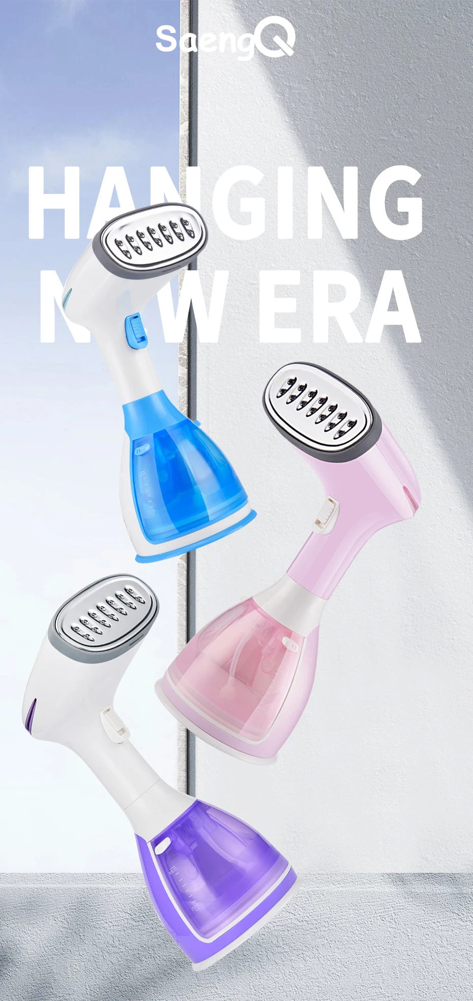Tidesmit 1500W handheld garment steamer showing the 280ml water tank and vertical ironing nozzle feature