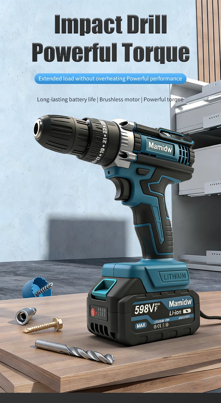 Mamidw 100N.m Industrial Cordless Drill Set, 3/8 Inch Keyless Chuck, LED Lighting, Practical Men Gift, Electric Drill, Compatible with Makita 18V Battery PIN.