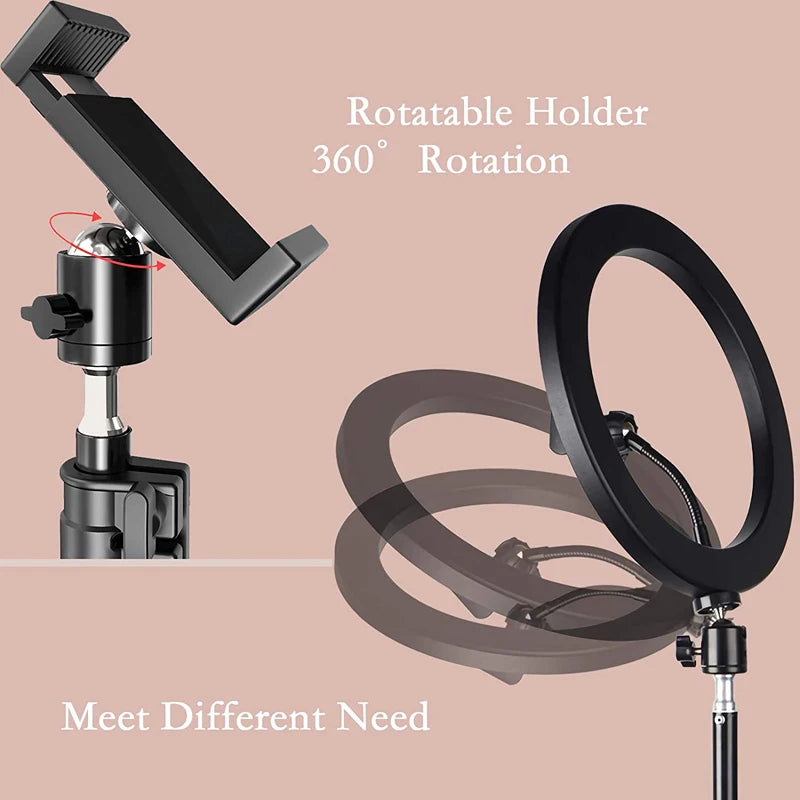Black ring light and phone holder with 360-degree ball joint mount for adjustable lighting and positioning.