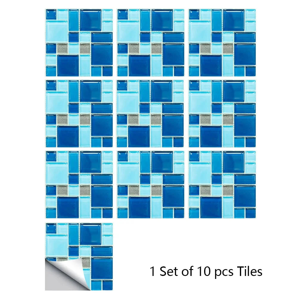 Mosaic tile sticker set with light and dark blue square tiles, peel-and-stick wall