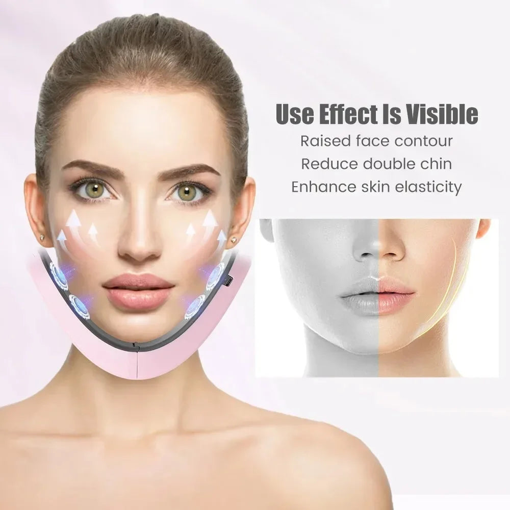 Woman wearing a pink, U-shaped electronic facial lifting device with massage nodes on her chin and jawline.
