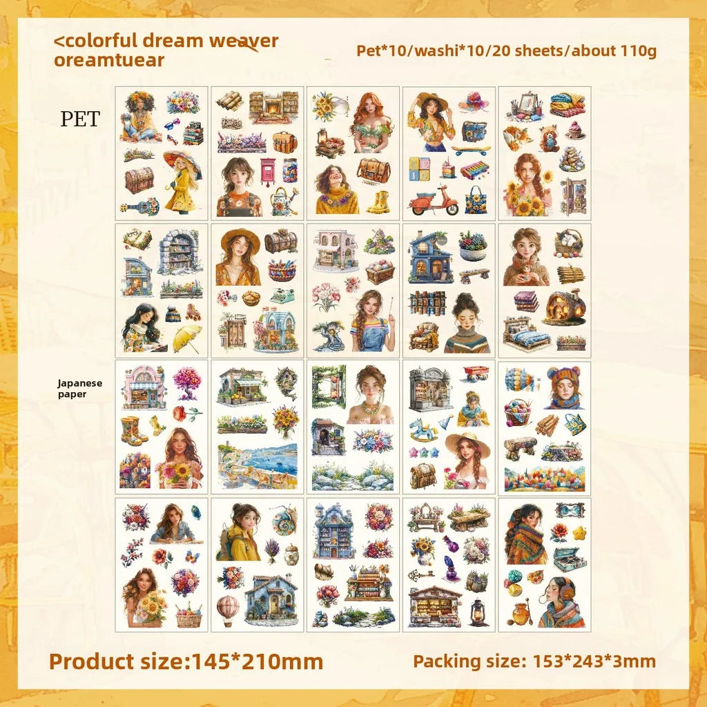 20 sheets of PET and washi paper decorative stickers for scrapbooking, journals, and aesthetic notebook crafts.