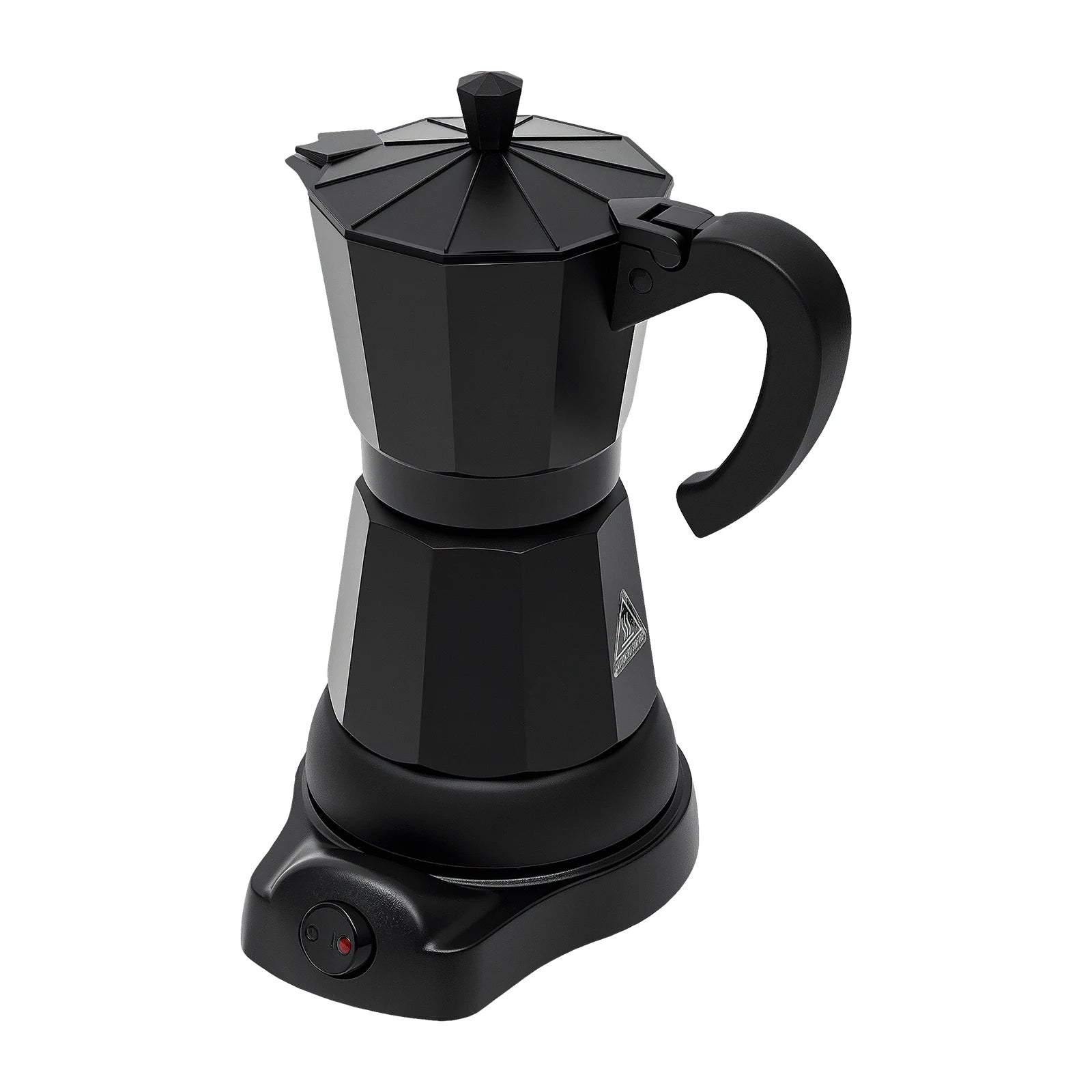 Matte black electric moka pot coffee maker on a charging base with a sleek, faceted octagonal design.