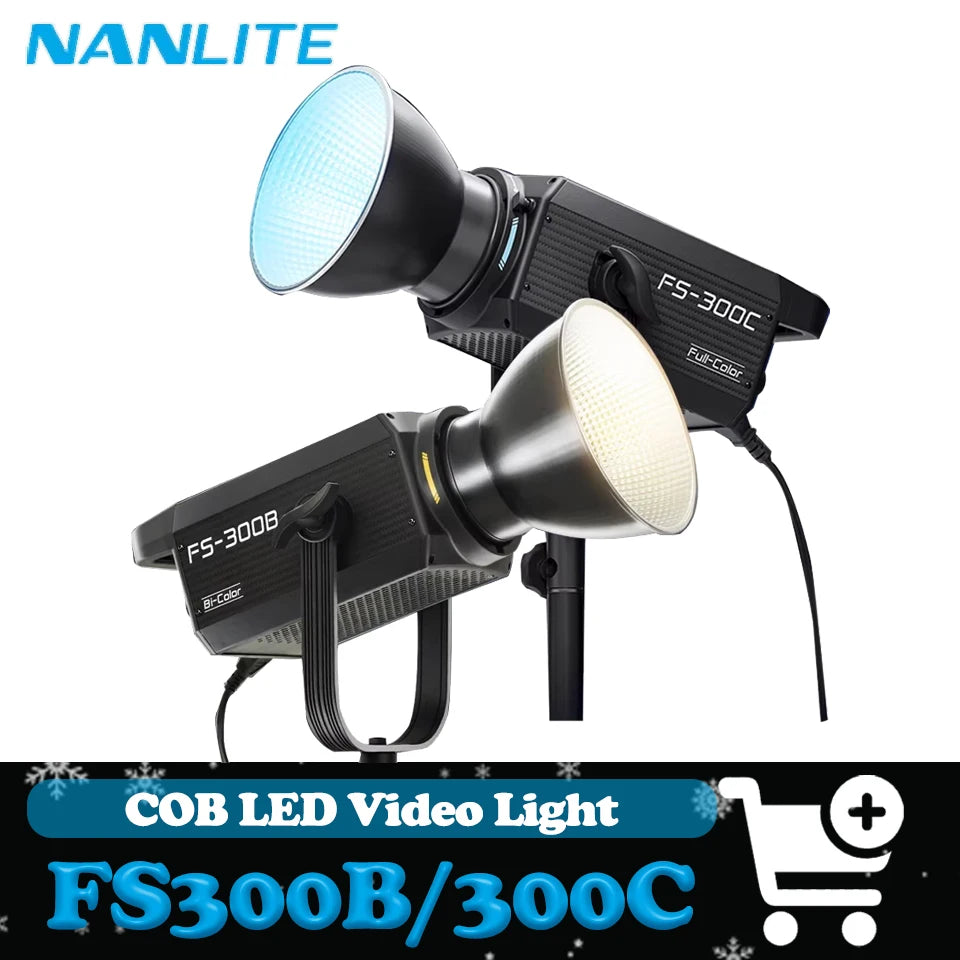 FS-300B and FS-300C black COB LED video lights with reflectors for professional studio photography and cinematography.