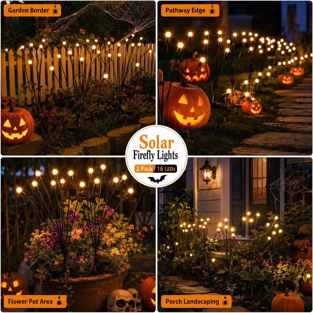 2 Pack Halloween Solar Firefly Lights 16 LED Spooky Garden Decoration Lights, Warm White Solar Powered Outdoor Pathway Lights with 2 Lighting Modes for Yard Lawn Patio Walkway Tree Fence Party Holiday Decor