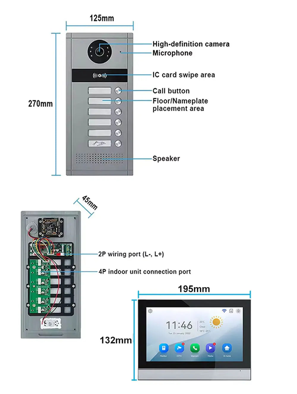 7 inch Touch Screen Video Doorbell Intercom 4 Wired Tuya WiFi Video Doorphone System for 5/6/8 Family Apartment RFID Card Unlock