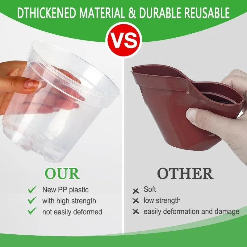 Clear transparent nursery cup next to a darker pot for material durability comparison