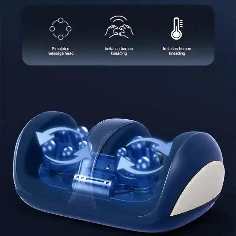 Blue electric foot and leg massager with deep tissue shiatsu rollers, heating, and simulated human kneading action.