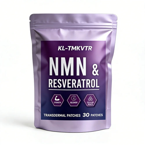 Anti-aging NMN & Resveratrol supplement in a 30-count purple pouch for transdermal patches.