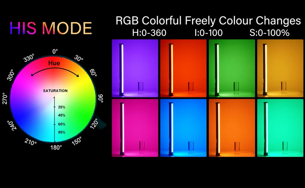 RGB light wand demonstrating adjustable hue, saturation, and intensity with eight different color settings.