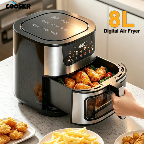 8L black digital air fryer with open basket and control panel, shows food inside