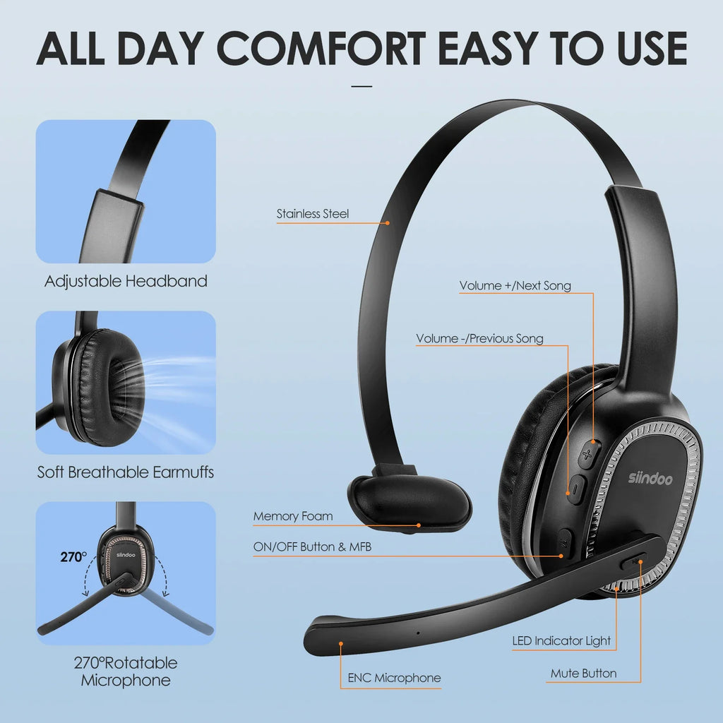 Wireless Call Center Headset with Mic - 50H Talk Time | Tidesmit Tidesmit