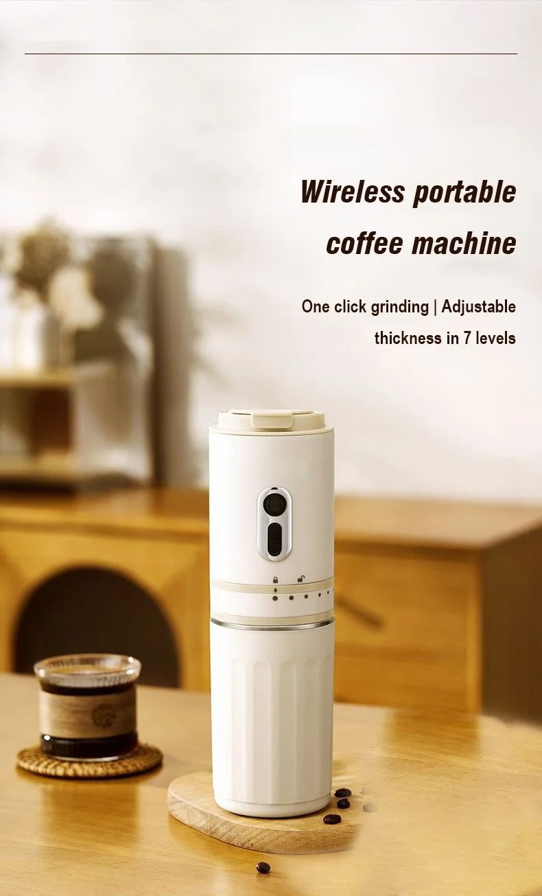 White wireless portable coffee machine with 7-level adjustable grinder on a wooden table.