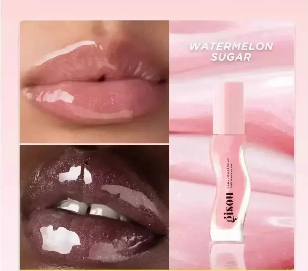 Gisou Watermelon Sugar Honey Infused Lip Oil in a glossy pink, moisturizing liquid formula for smooth, shiny lips.