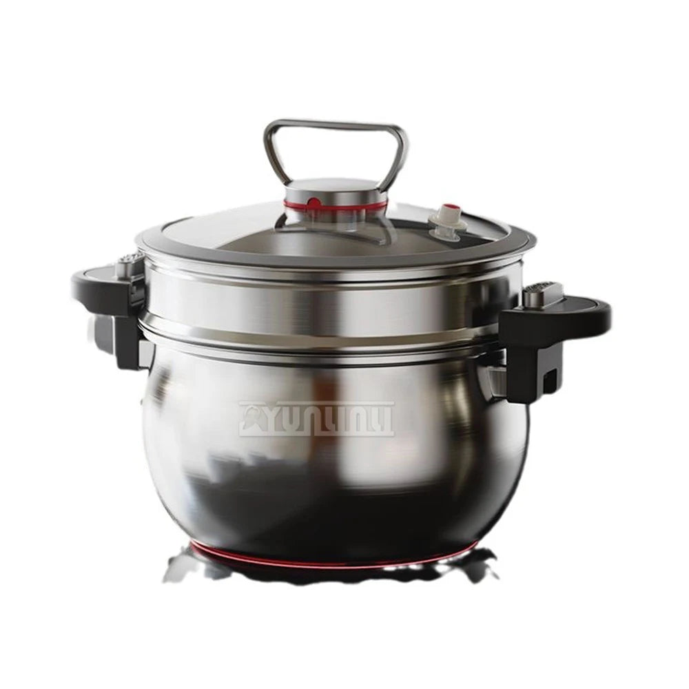 Stainless steel pressure cooker with lid, red pressure release, and side clamps