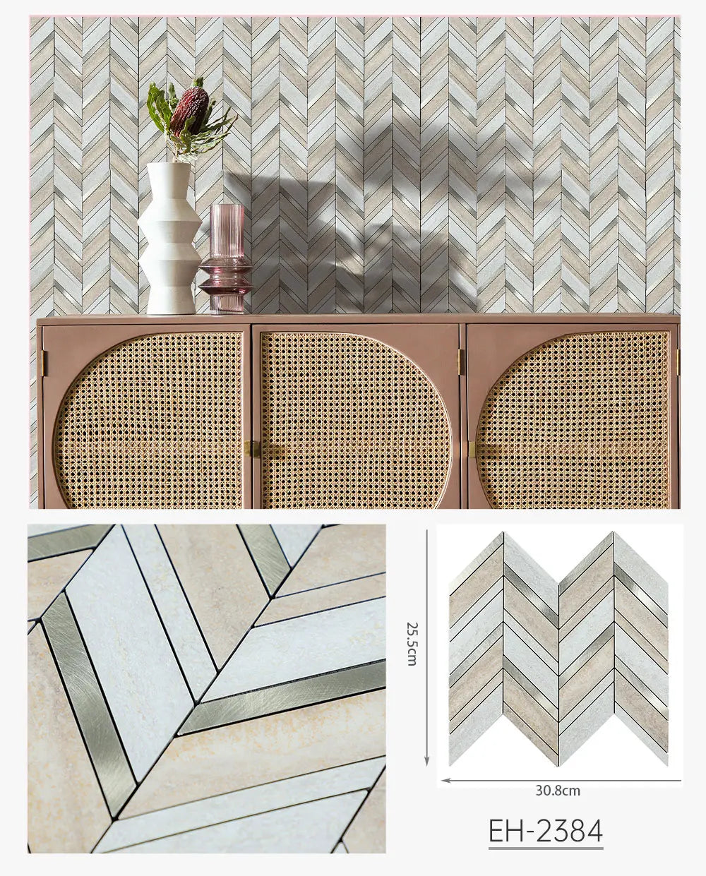 Herringbone peel-and-stick faux stone backsplash tiles, beige and gray chevron