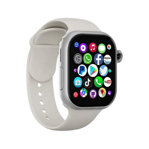YLL-VP19 PRO 4G LTE smart sleep tracker watch, side view showing AMOLED screen, white band, and app icons.