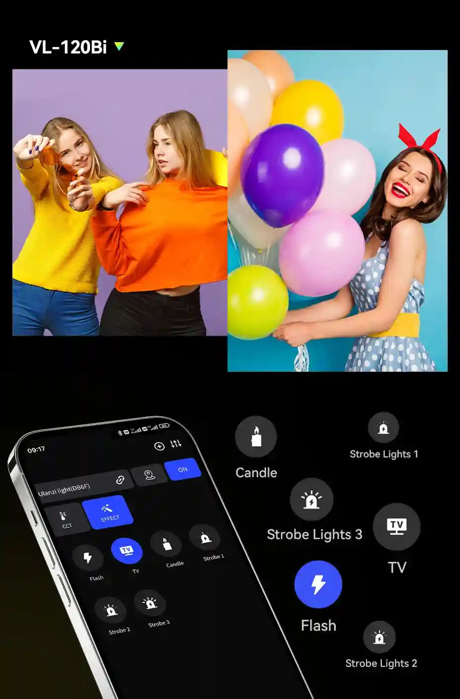VL-120Bi LED light panel with smartphone app interface for color temperature and lighting effect control.