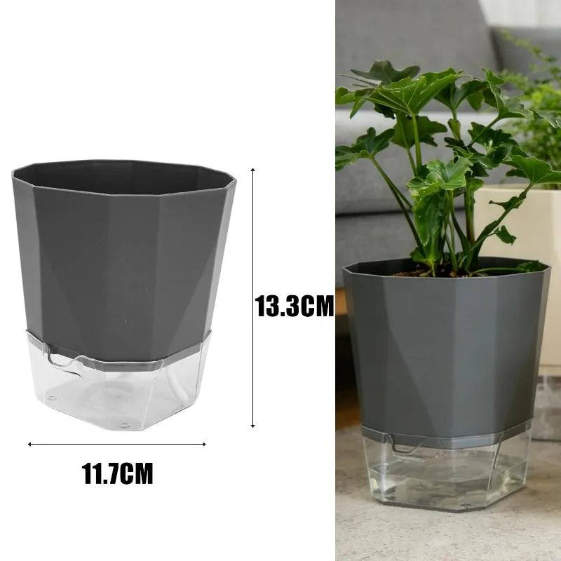 Self-watering dark gray plant pot with clear water reservoir insert
