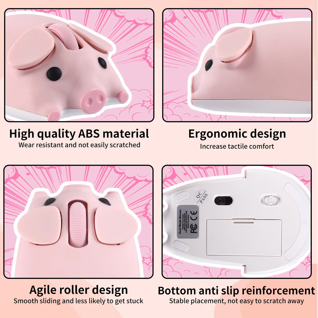 Cute 3D Little Pig Wireless Mouse 2.4G Bluetooth Dual-mode Silent For Women Office Laptop PC
