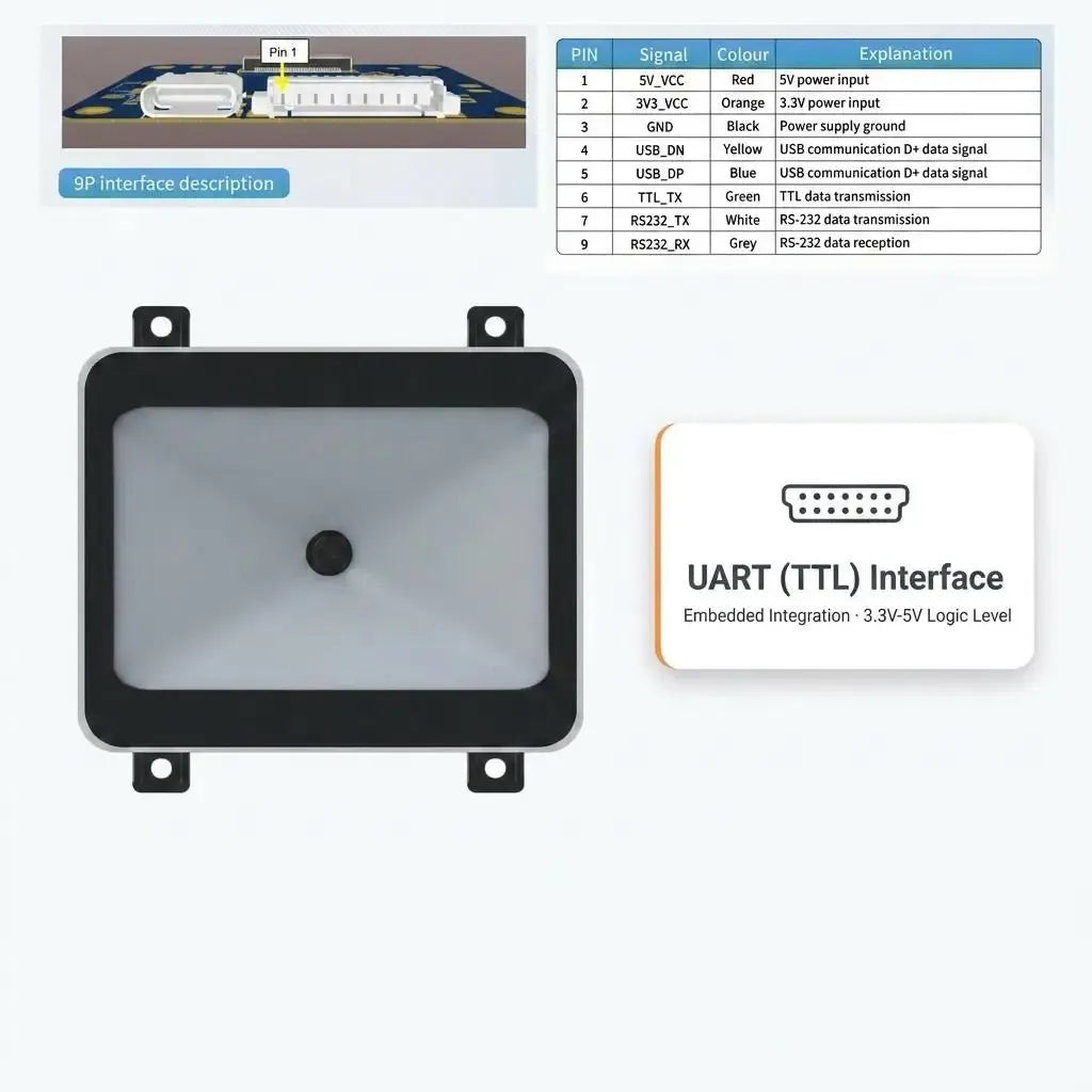 Barcode scanner module with UART TTL interface, embedded integration, 9-pin terminal