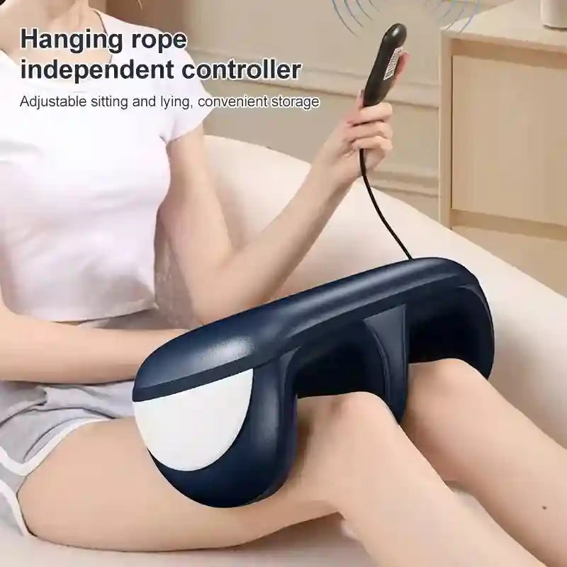 Navy electric leg massager with hand controller for shiatsu deep tissue kneading on knees and calves.
