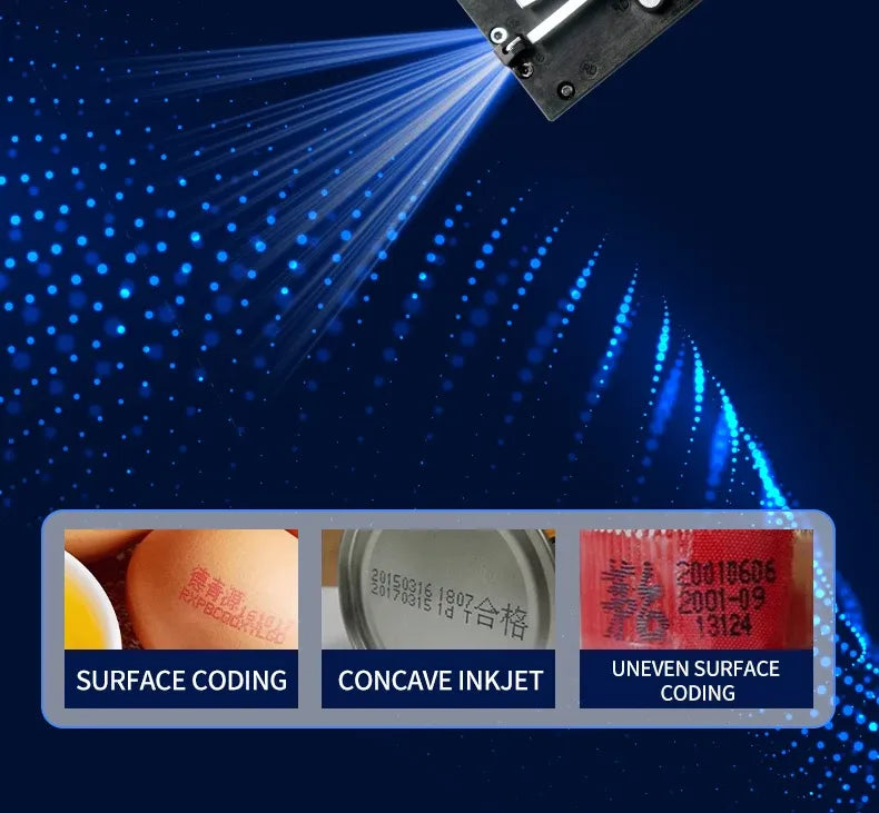 Inkjet coding printer with blue spray pattern and sample text for surface coding