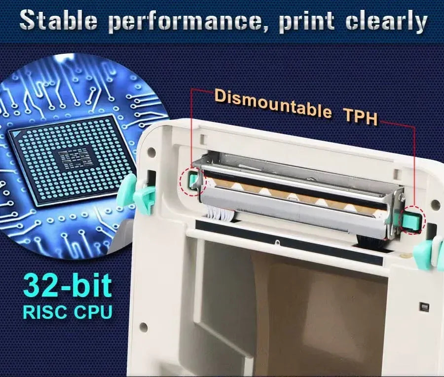 Thermal label printer interior with visible print head and disassembled TPH area