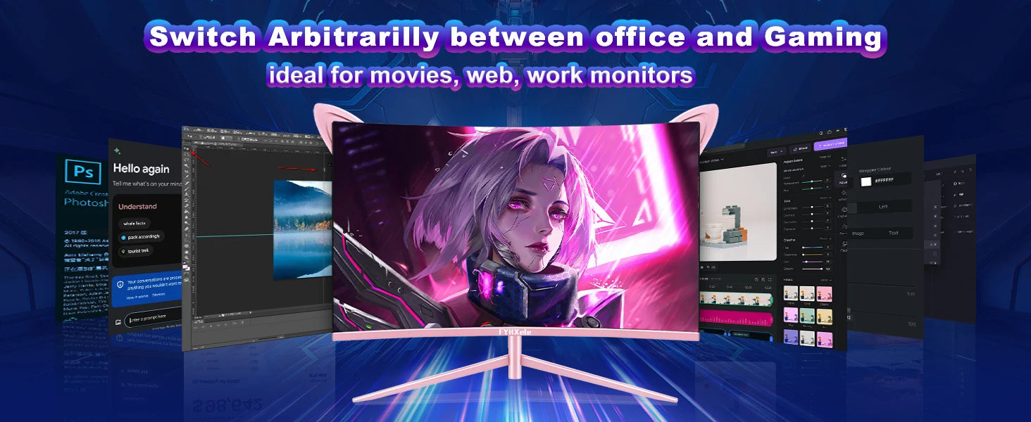 27inch Curved Pink Monitor QHD 165hz 1800R Gaming Display HDR10 Free-Sync Desktop Screen 1ms GTG  With Speakers Tilt Adjustable